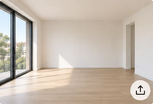 Salón vacío con ventanales y suelo de madera, listo para subirlo.