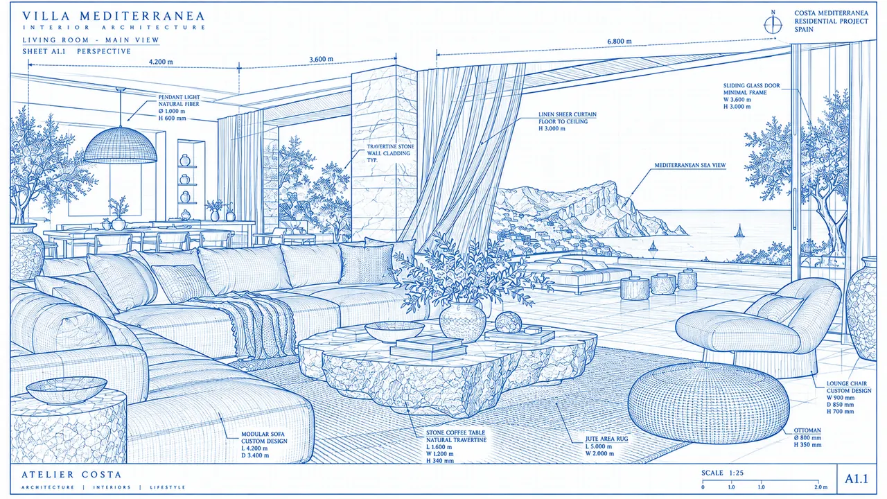 Fase 1, boceto: el salón dibujado a línea, con el sofá modular, la mesa de piedra, la butaca y las vistas al mar.